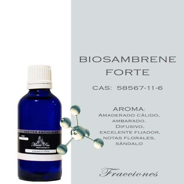 esencia chemicals, biosambrene forte, Amaderado cálido, ambarado. Difusivo, excelente fijador, notas florales, aroma sándalo.